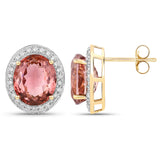 6.62 Carat Genuine Baby Pink Tourmaline and White Diamond 14K Yellow Gold Earrings