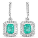 1.80 Carat Genuine Colombian Emerald and White Diamond 14K White Gold Earrings