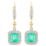 2.30 ct Genuine Colombian Emerald and White Diamond 14K Yellow Gold Earrings
