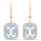 9.24 Carat Genuine Aquamarine and White Diamond 14K Yellow Gold Earrings