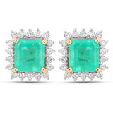 2.30 ct Genuine Colombian Emerald and White Diamond 14K Yellow Gold Earrings