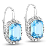 7.40 Carat Genuine Swiss Blue Topaz and White Diamond 14K White Gold Earrings