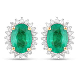 1.68 Carat Genuine Zambian Emerald and White Diamond 14K Yellow Gold Earrings