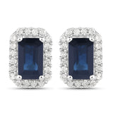 0.91 Carat Genuine Blue Sapphire and White Diamond 14K White Gold Earrings