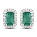 0.91 Carat Genuine Zambian Emerald and White Diamond 14K White Gold Earrings