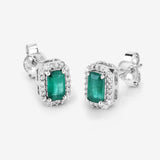 0.91 Carat Genuine Zambian Emerald and White Diamond 14K White Gold Earrings