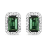 0.76 Carat Genuine Green Tourmaline and White Diamond 14K White Gold Earrings