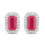 0.75 Carat Genuine Ruby and White Diamond 14K White Gold Earrings