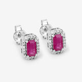 0.75 Carat Genuine Ruby and White Diamond 14K White Gold Earrings