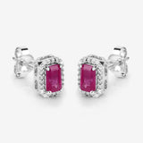 0.75 Carat Genuine Ruby and White Diamond 14K White Gold Earrings