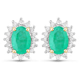 1.76 Carat Genuine Zambian Emerald and White Diamond 14K Yellow Gold Earrings
