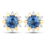 1.87 ct Genuine Blue Sapphire and White Diamond 14K Yellow Gold Earrings