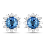 1.87 Carat Genuine Blue Sapphire and White Diamond 14K White Gold Earrings