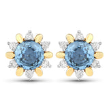 1.87 ct Genuine Blue Sapphire and White Diamond 14K Yellow Gold Earrings