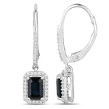 1.36 Carat Genuine Blue Sapphire and White Diamond 14K White Gold Earrings