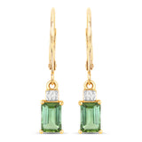1.28 Carat Genuine Green Tourmaline and White Diamond 14K Yellow Gold Earrings