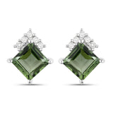 1.66 Carat Genuine Green Tourmaline and White Diamond 14K White Gold Earrings