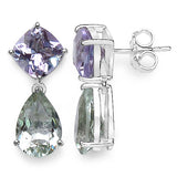 9.41 Carat Genuine Green Amethyst, Pink Amethyst & White Diamond .925 Sterling Silver Earrings