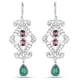 10.74 Carat Genuine Rhodolite and Emerald .925 Sterling Silver Earrings