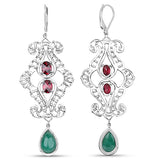 10.74 Carat Genuine Rhodolite and Emerald .925 Sterling Silver Earrings