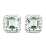 9.16 Carat Genuine Green Amethyst and White Diamond .925 Sterling Silver Earrings