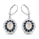 2.80 Carat Genuine Ethiopian Opal, Blue Sapphire and White Topaz .925 Sterling Silver Earrings