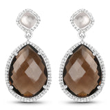 19.30 Carat Genuine Smoky Quartz, Crystal Quartz And White Topaz .925 Sterling Silver Earrings