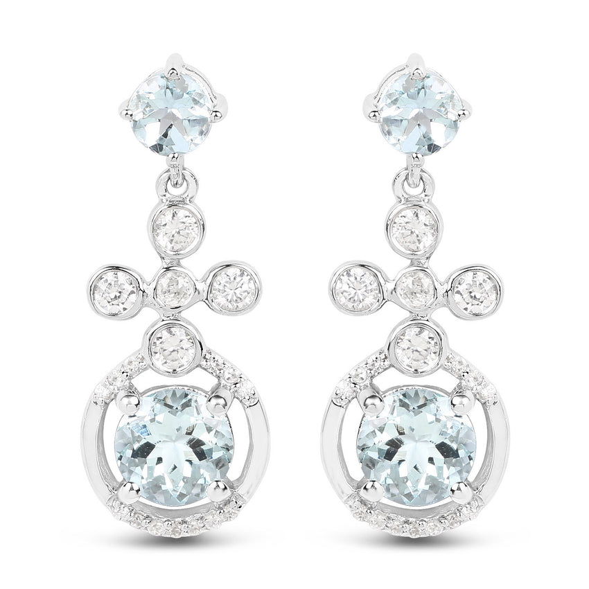 4.42 Carat Genuine Aquamarine and White Zircon .925 Sterling Silver Earrings