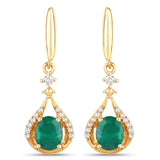 0.70 ct Genuine Zambian Emerald and White Diamond 14K Yellow Gold Earrings