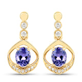 0.76 Carat Genuine Tanzanite and White Diamond 14K Yellow Gold Earrings