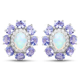 4.16 Carat Genuine Ethiopian Opal, Tanzanite and White Zircon .925 Sterling Silver Earrings