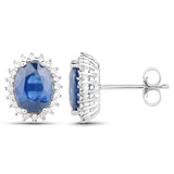 3.25 ct Genuine Blue Sapphire and White Diamond 14K White Gold Earrings