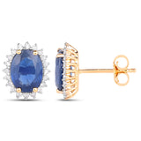 3.25 carat Blue Sapphire and White Diamond 14K Yellow Gold Earrings