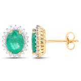 2.75 ct Genuine Zambian Emerald and White Diamond 14K Yellow Gold Earrings