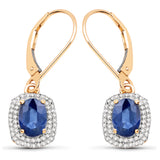 2.36 ct Genuine Blue Sapphire and White Diamond 14K Yellow Gold Earrings