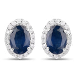 1.15 Carat Genuine Blue Sapphire and White Diamond 18K White Gold Earrings