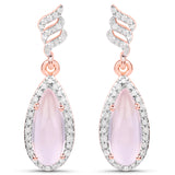 18K Rose Gold Plated 3.38 Carat Genuine Rose Quartz and White Diampond .925 Sterling Silver Earrings
