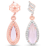 18K Rose Gold Plated 3.38 Carat Genuine Rose Quartz and White Diampond .925 Sterling Silver Earrings