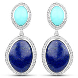 30.33 Carat Genuine Lapis, Turquoise and White Topaz .925 Sterling Silver Earrings
