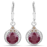 5.61 Carat Genuine Ruby, Champagne Diamond and White Diamond .925 Sterling Silver Earrings