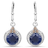 5.61 Carat Genuine Blue Sapphire, Champagne Diamond and White Diamond .925 Sterling Silver Earrings