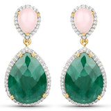 18K Yellow Gold Plate 15.84 Carat Genuine Emerald Pink Opal & White Topaz .925 Silver Earring
