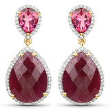 18K Yellow Gold Plate 19.34 Carat Genuine Ruby Pink Topaz & White Topaz .925 Sterling Silver Earring