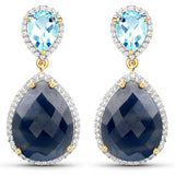 18K Yellow Gold Plate 19.34 Carat Genuine Blue Sapphire Blue Topaz & White Topaz .925 Silver Earring