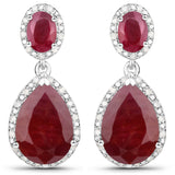 14.54 Carat Genuine Ruby and White Diamond .925 Sterling Silver Earrings