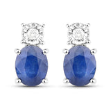 0.71 Carat Genuine Blue Sapphire and White Diamond 14K White Gold Earrings
