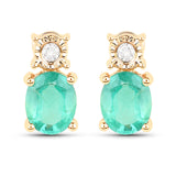 0.63 Carat Genuine Zambian Emerald and White Diamond 14K Yellow Gold Earrings