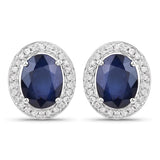4.14 Carat Genuine Blue Sapphire and White Diamond 14K White Gold Earrings