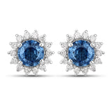 1.58 Carat Genuine Blue Sapphire and White Diamond 14K White Gold Earrings