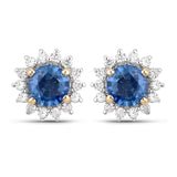 1.58 Carat Genuine Blue Sapphire and White Diamond 14K Yellow Gold Earrings